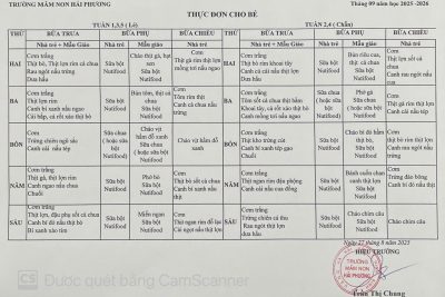 Thực đơn tháng 9 năm học 2025-2026
